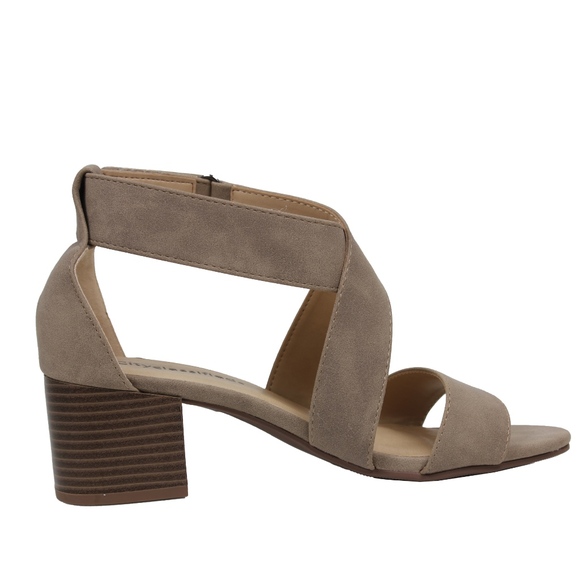 Size 5.5 Taupe Open Toe Strappy Mid Stacked Heel - Picture 4 of 6